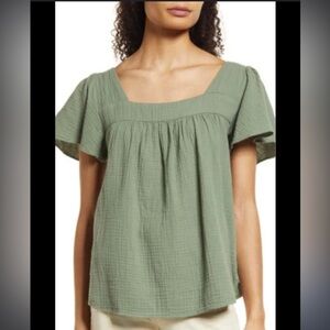 Caslon Square Neck Cotton Blouse in Green Dune xl